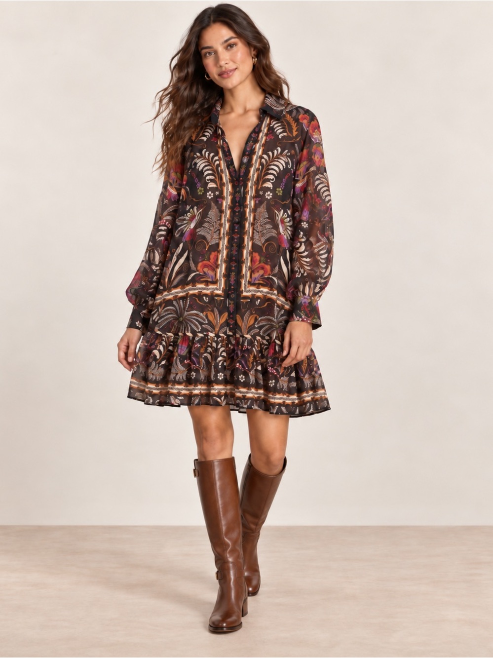 FARM Rio Black Floral Paisley Long-Sleeve Mini Dress